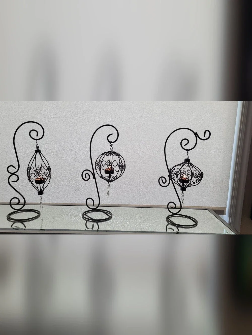 Vintage Tabletop Tealight Candle Lanterns with S Scrolling Design. Wrought Iron